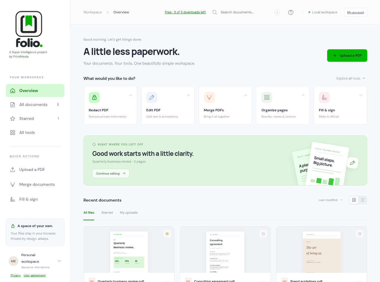 Folio PDF editor with page thumbnails, annotation tools, and a quarterly business review