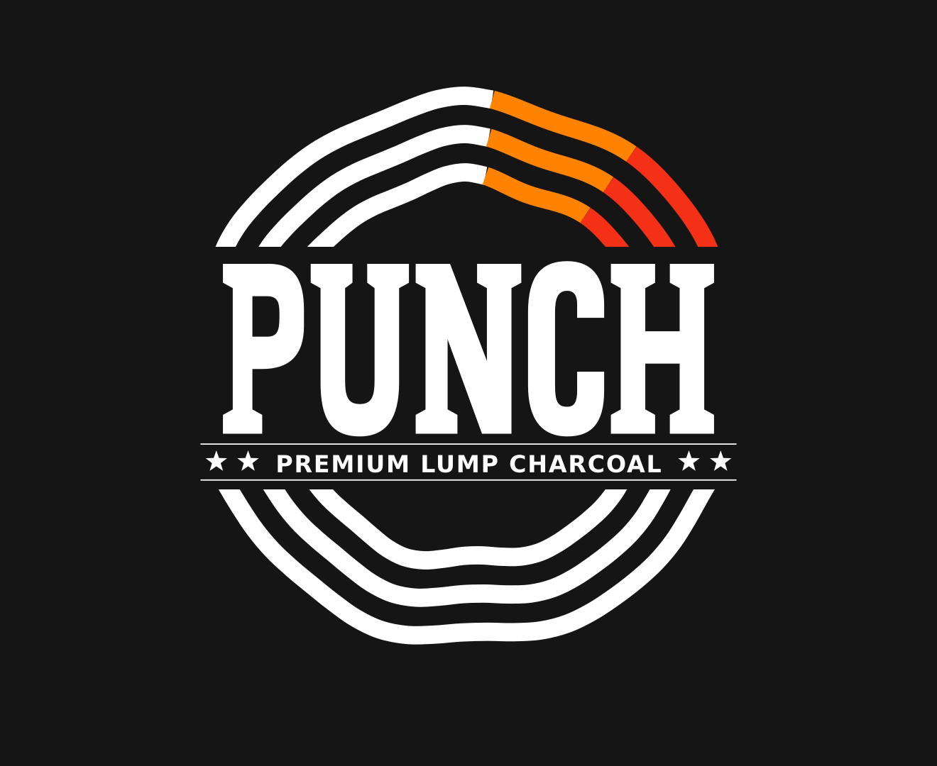 PUNCH premium lump charcoal brand identity in white and orange on charcoal